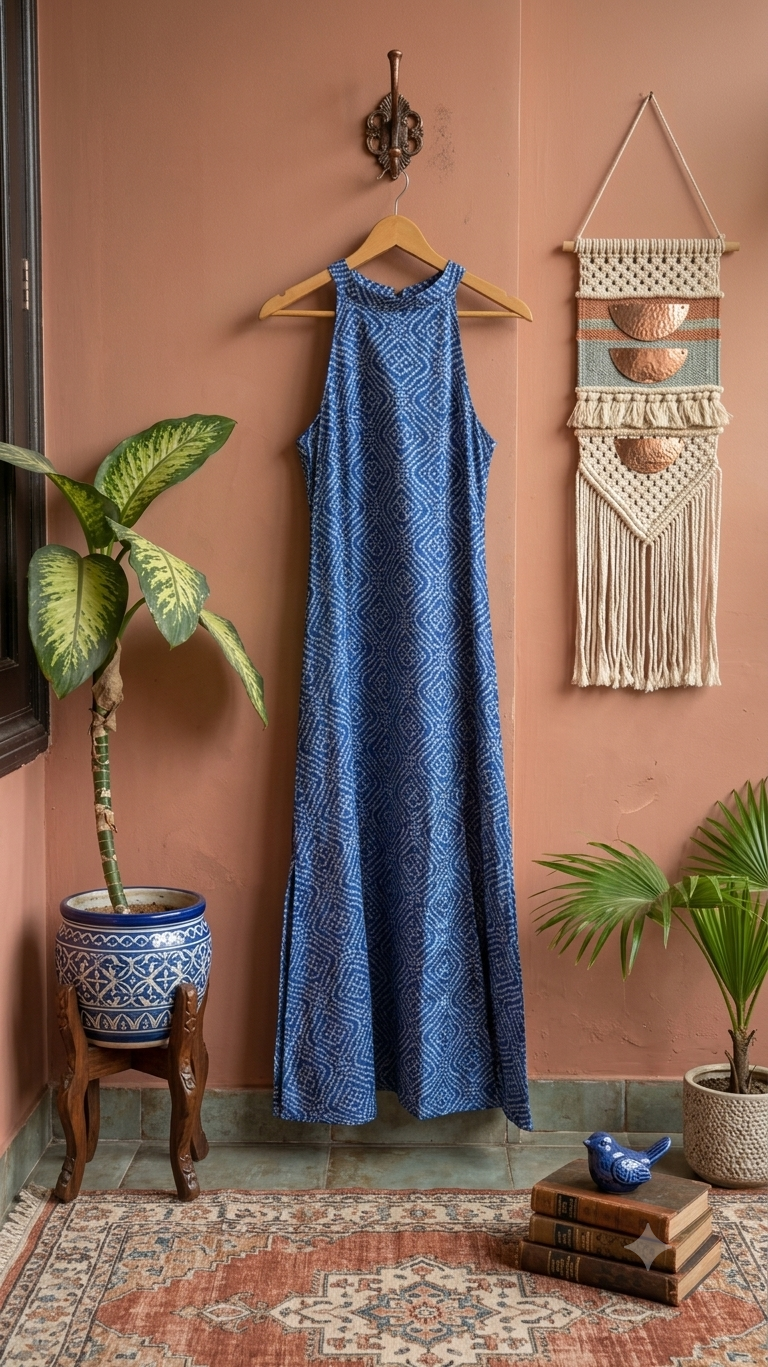 Indigo Diamond Halter Maxi Dress